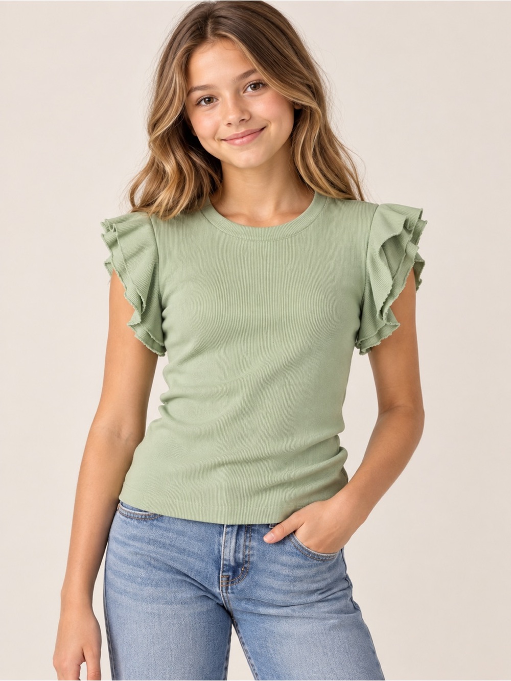 Franki by Francesca’s Sage Green Girls Knit Ribbed Top Ruffle Sleeve Youth 14